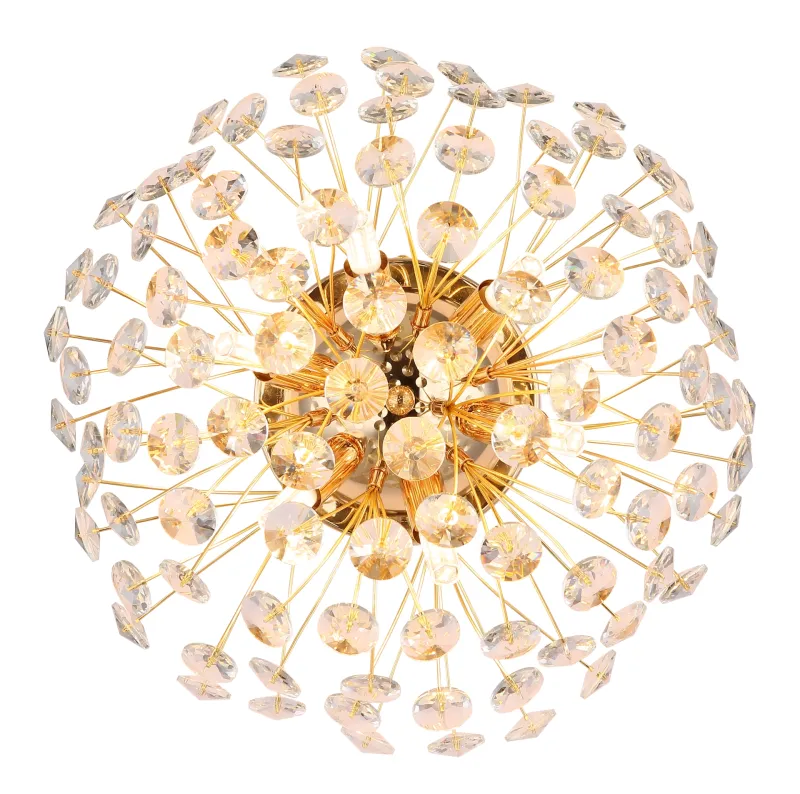 Katrina Ø40 Guld vägglampa från Globo Lighting - Den runda stommen i guldf&auml;rgad metall och den halvsf&auml;riska sk&auml;rmen i klara K9-kristaller skapar en lyxig och inbjudande atmosf&auml;r.