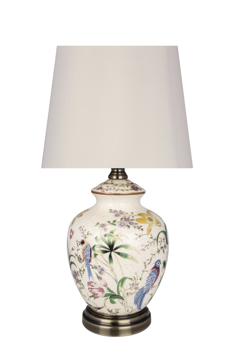 Eden 45cm Flerfärgad bordslampa från Globen Lighting - Eden &auml;r inspirerad av naturen och illustrerar ett paradis med v&auml;xter och paradisf&aring;glar.
