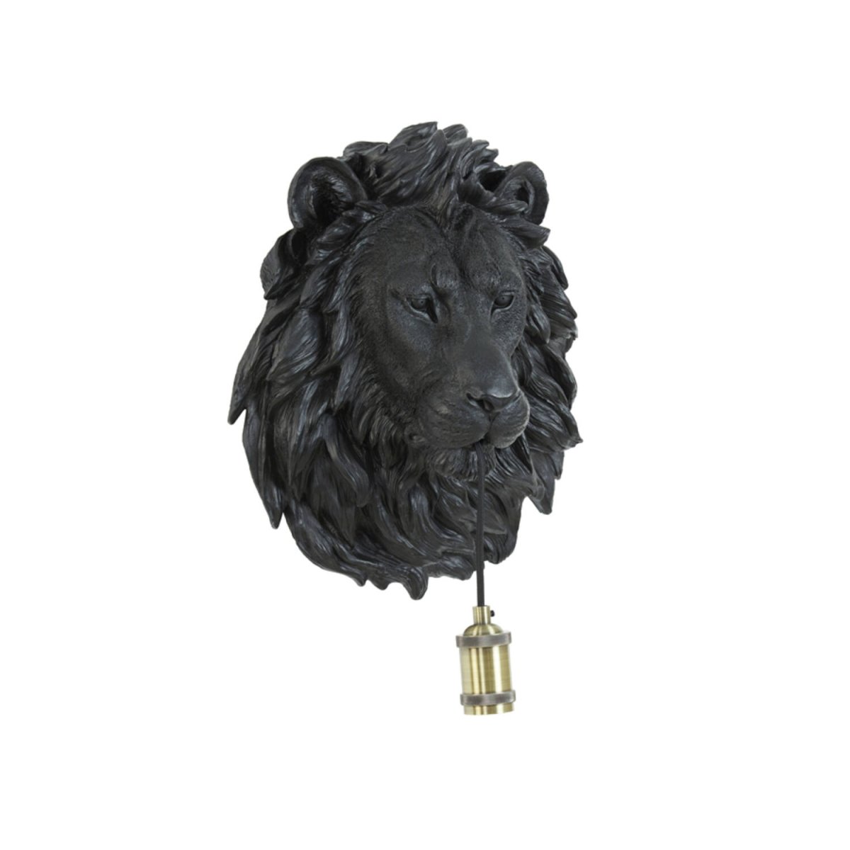 Lion 40cm Svart vägglampa från Light & Living - Ljusk&auml;llan h&auml;nger elegant fr&aring;n lejonets mun med en dekorativ m&auml;ssingssockel, vilket skapar en dj&auml;rv och st&auml;mningsfull atmosf&auml;r.
