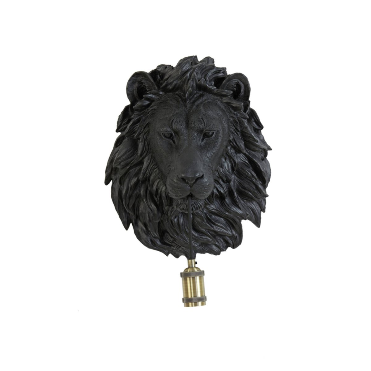 Lion 40cm Svart vägglampa från Light & Living - Ljusk&auml;llan h&auml;nger elegant fr&aring;n lejonets mun med en dekorativ m&auml;ssingssockel, vilket skapar en dj&auml;rv och st&auml;mningsfull atmosf&auml;r.