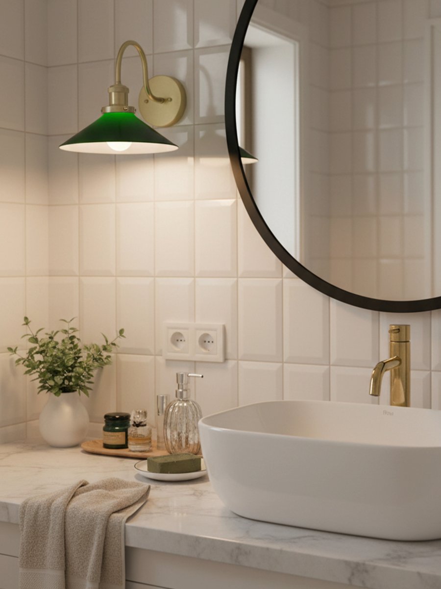 August 38cm Mässing/grön badrumslampa från PR Home - Den h&auml;r skomakarlampan &auml;r s&auml;rskilt anpassad f&ouml;r badrum och har en elegant glassk&auml;rm p&aring; 25 cm i diameter, som sprider ljuset mjukt och j&auml;mnt.