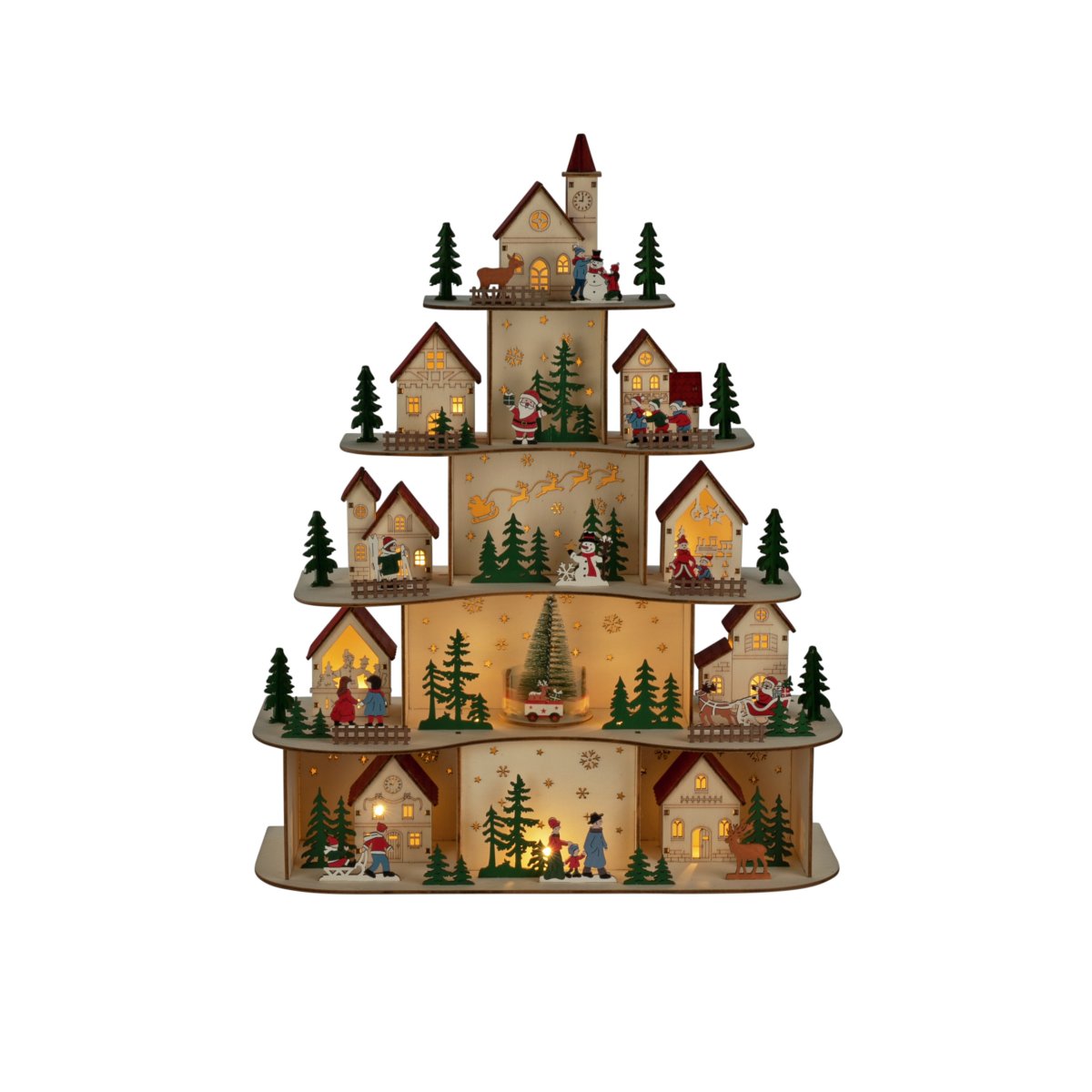 Julby LED 48cm Trä från Konstsmide - Julbyn drivs med 3st AA batterier (ing&aring;r ej) och &auml;r utrustad med timerfunktion, 6h p&aring; och 18h av, repeterande, vilket g&ouml;r den b&aring;de praktisk och energisn&aring;l.