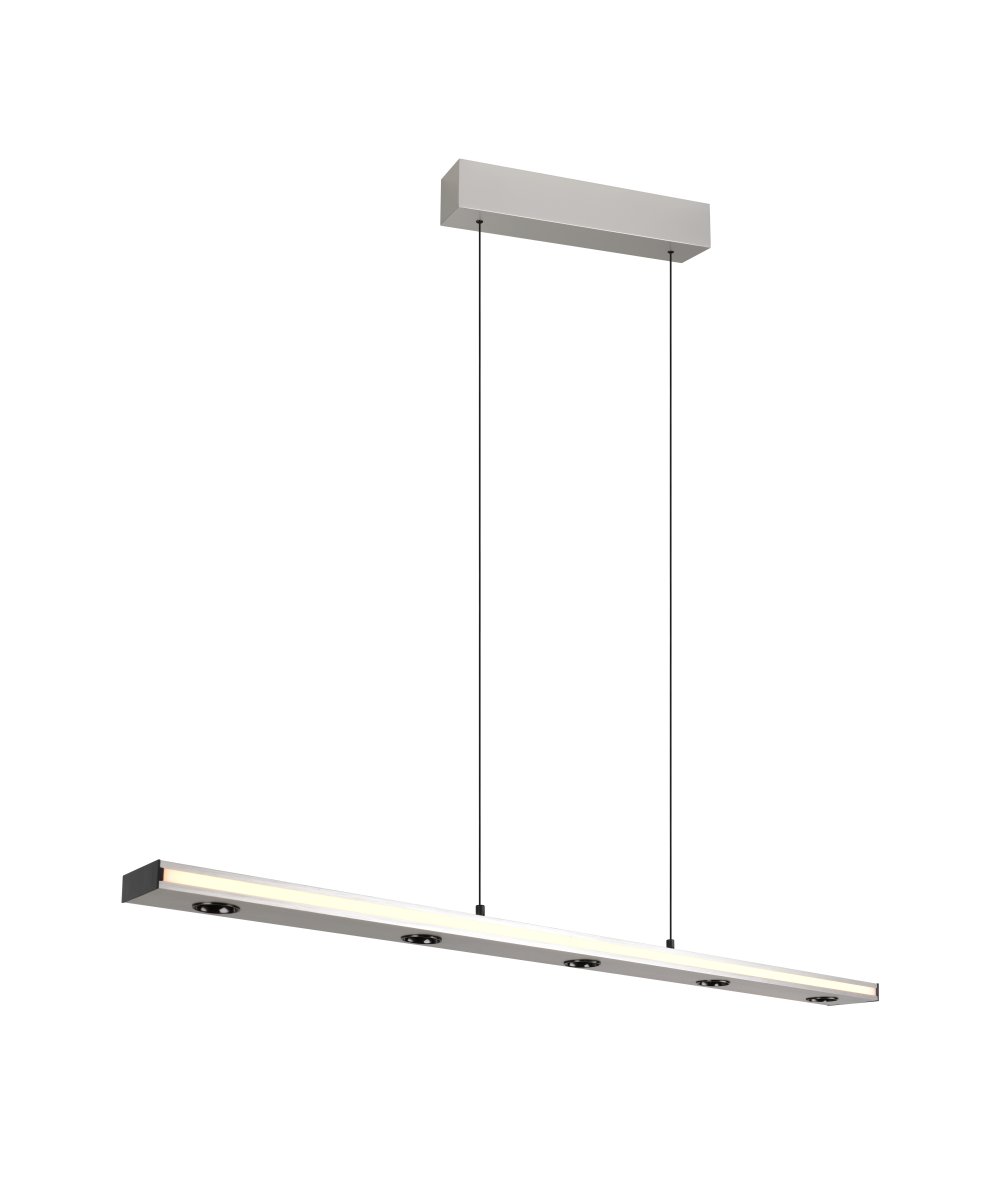 Graham 110cm Borstad stål taklampa från Trio Lighting - Panelen &auml;r utrustad med fem spotlights som lyser ner&aring;t, tv&aring; spotlights som lyser upp&aring;t och en LED slinga runtom som ger en rundstr&aring;lande ljusspridning i rummet.