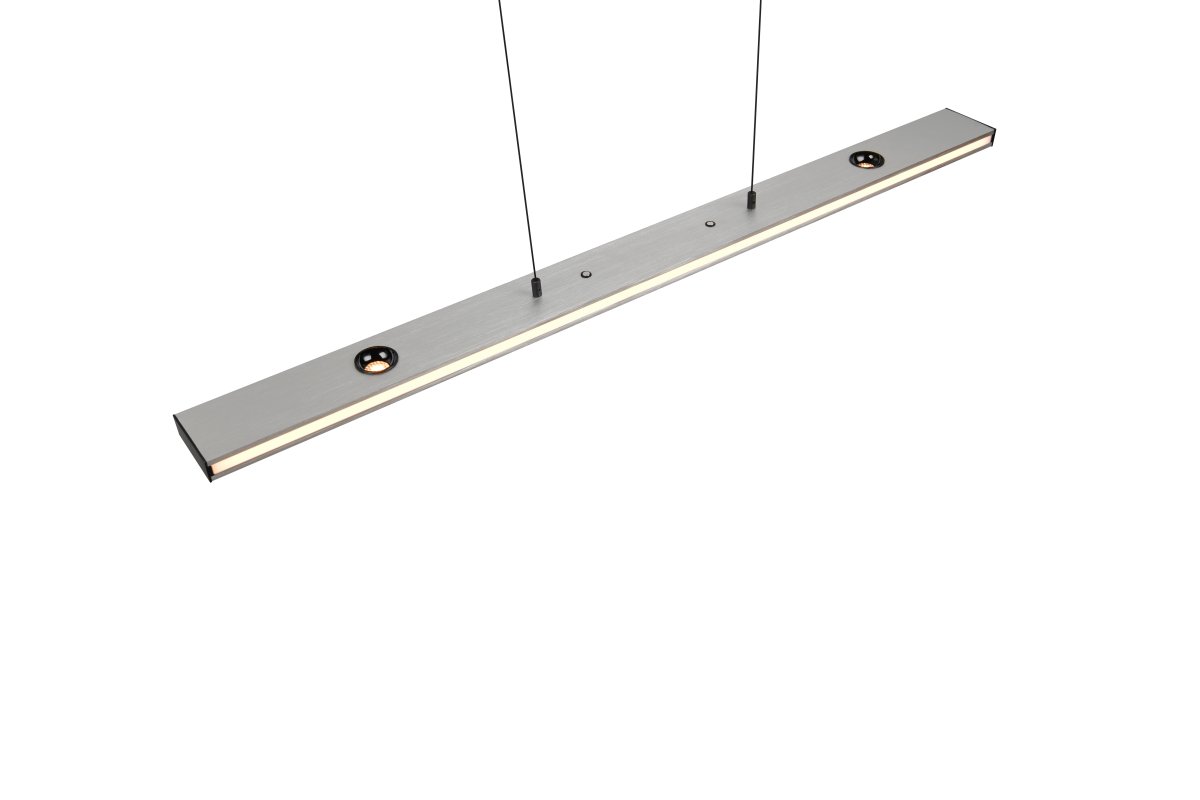 Graham 110cm Borstad stål taklampa från Trio Lighting - Panelen &auml;r utrustad med fem spotlights som lyser ner&aring;t, tv&aring; spotlights som lyser upp&aring;t och en LED slinga runtom som ger en rundstr&aring;lande ljusspridning i rummet.