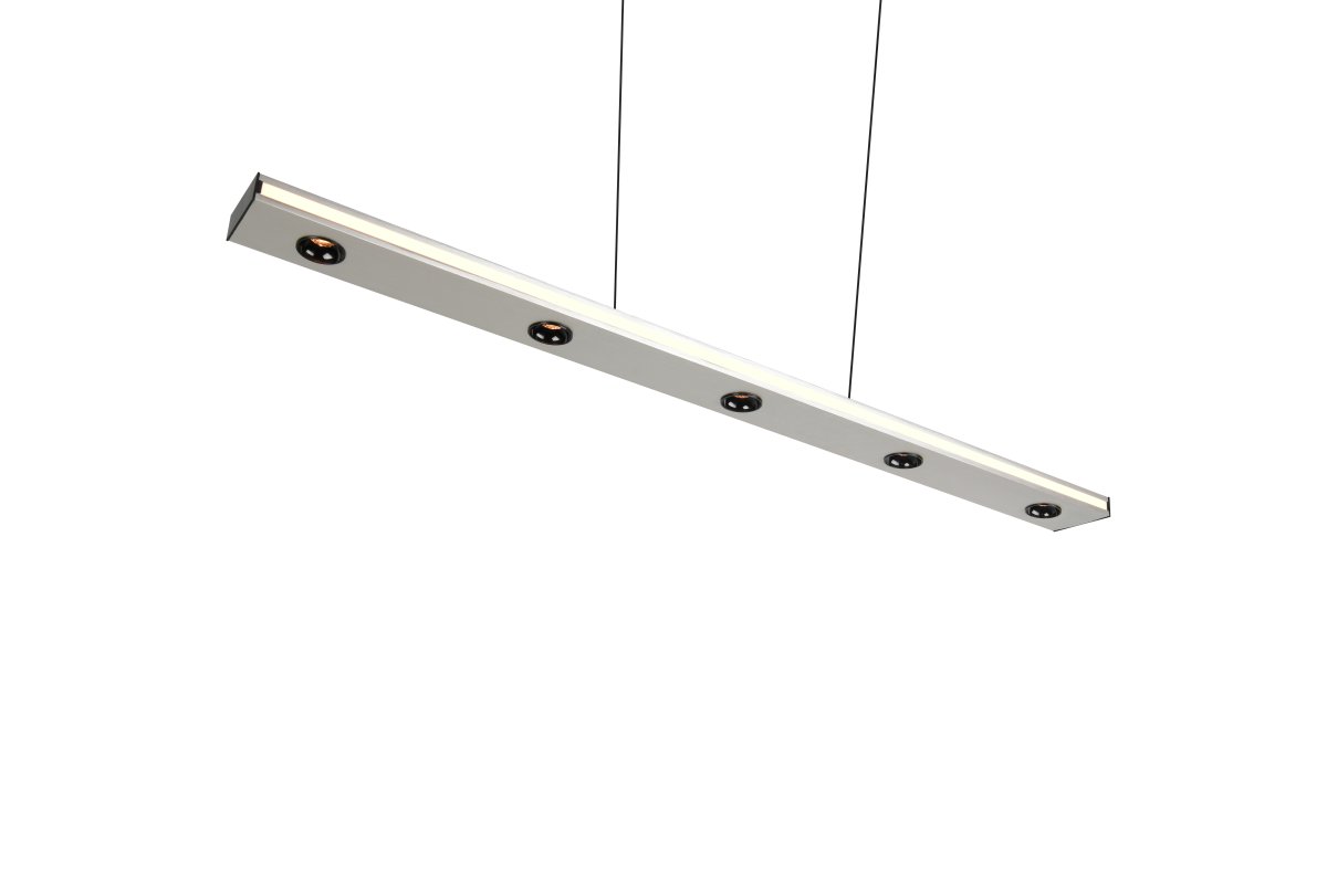 Graham 110cm Borstad stål taklampa från Trio Lighting - Panelen &auml;r utrustad med fem spotlights som lyser ner&aring;t, tv&aring; spotlights som lyser upp&aring;t och en LED slinga runtom som ger en rundstr&aring;lande ljusspridning i rummet.
