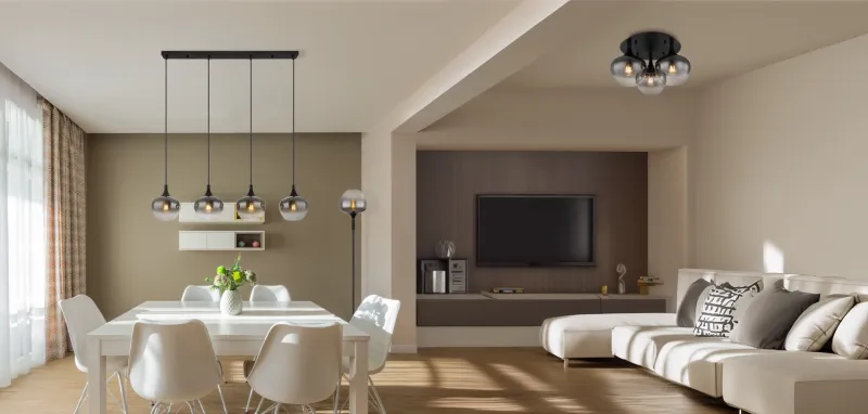 Maxy Ø45 Rökfärgad plafond från Globo Lighting - P&aring; en rund takplatta av matttsvart metall sitter tre vackert formade r&ouml;kf&auml;rgade glaskupor.