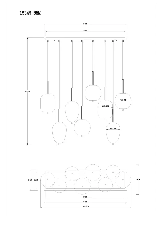 Blacky 102cm Mässing taklampa från Globo Lighting - Den 102,5 cm l&aring;nga pendellampan har en rektangul&auml;r m&auml;ssingsf&auml;rgad metallplatta, fr&aring;n denna h&auml;nger &aring;tta svarta kablar med runda, r&ouml;kf&auml;rgade glasglober i olika former.