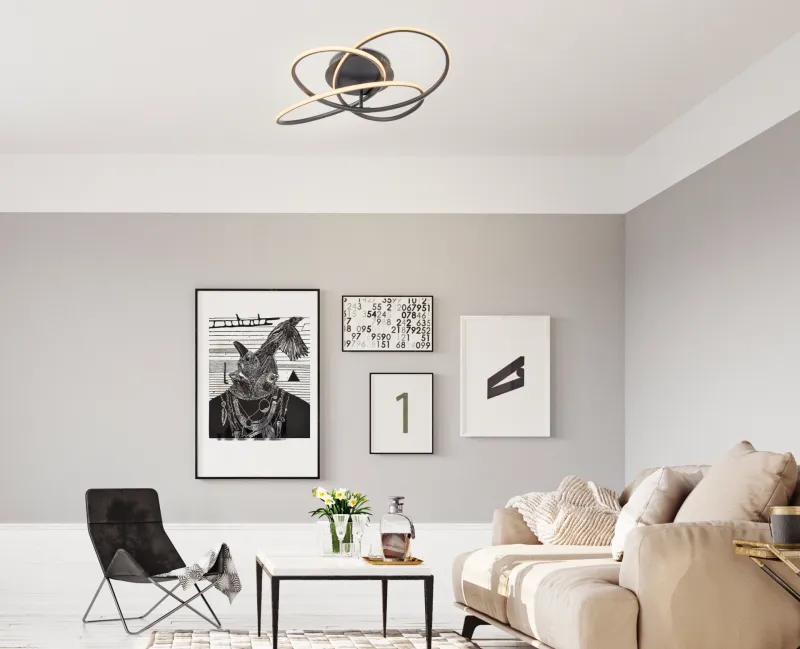 Panda Ø60 Svart plafond från Globo Lighting - Den har en fast installerad LED-panel som avger ett varmvit ljus och skapar en behaglig och inbjudande atmosf&auml;r i rummet.