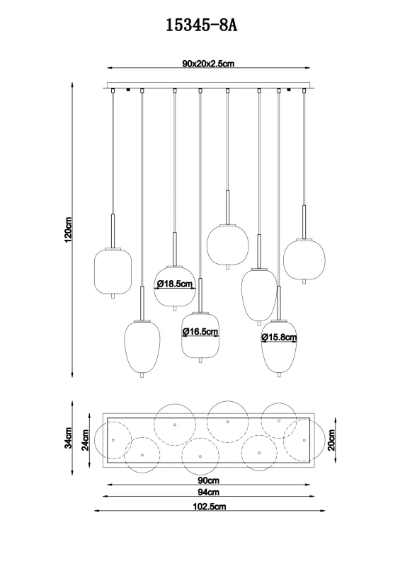 Blacky 102cm Amber taklampa från Globo Lighting - De &aring;tta r&ouml;k- och amberf&auml;rgade glasgloberna i olika former h&auml;nger fr&aring;n en svart, rektangul&auml;r takplatta och kan justeras upp till 120 cm fr&aring;n taket.