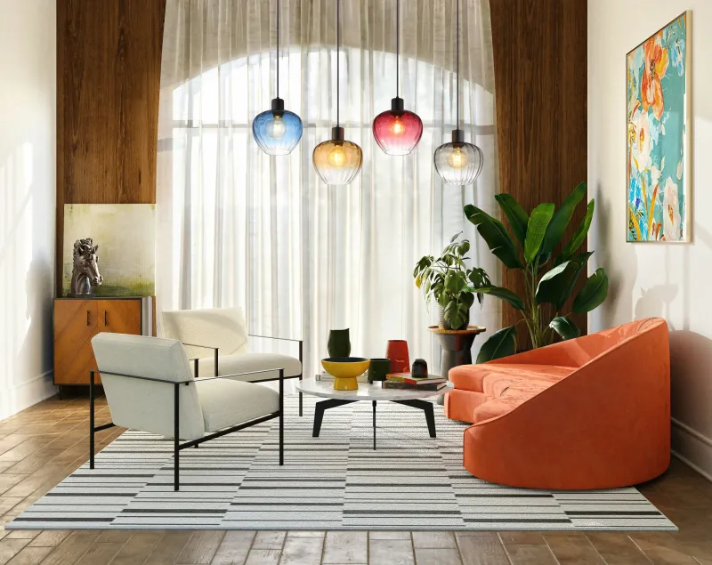 Toy 108cm Flerfärgad taklampa från Globo Lighting - Varje glas finns i en av fyra levande f&auml;rger &ndash; r&ouml;d, bl&aring;, b&auml;rnsten och r&ouml;k &ndash; vilket skapar en harmonisk ljusst&auml;mning och ger rummet imponerande f&auml;rgaccenter.
