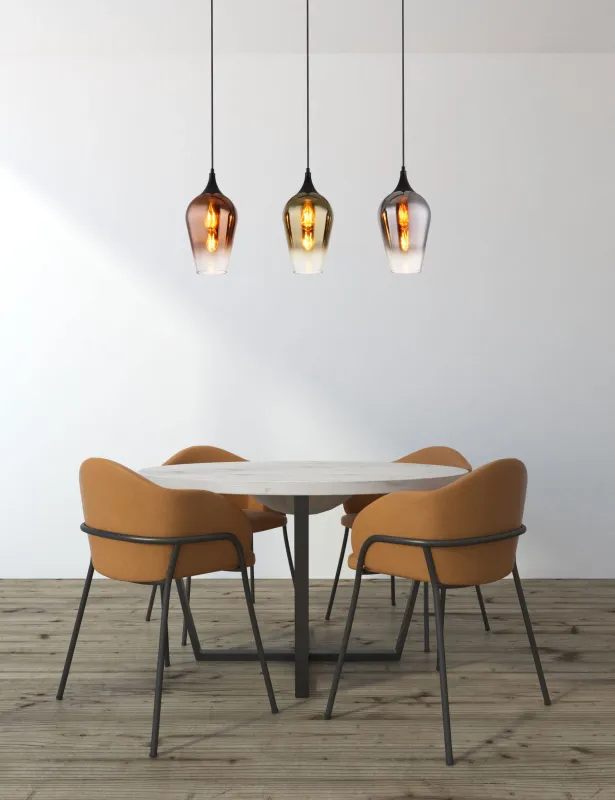 Lavus 83cm Svart taklampa från Globo Lighting - Lavus &auml;r en elegant taklampa med tre dekorativa glaskupor i koppar-, guld- och kromfinish, vilket ger lampan en modern och stilfull karakt&auml;r.