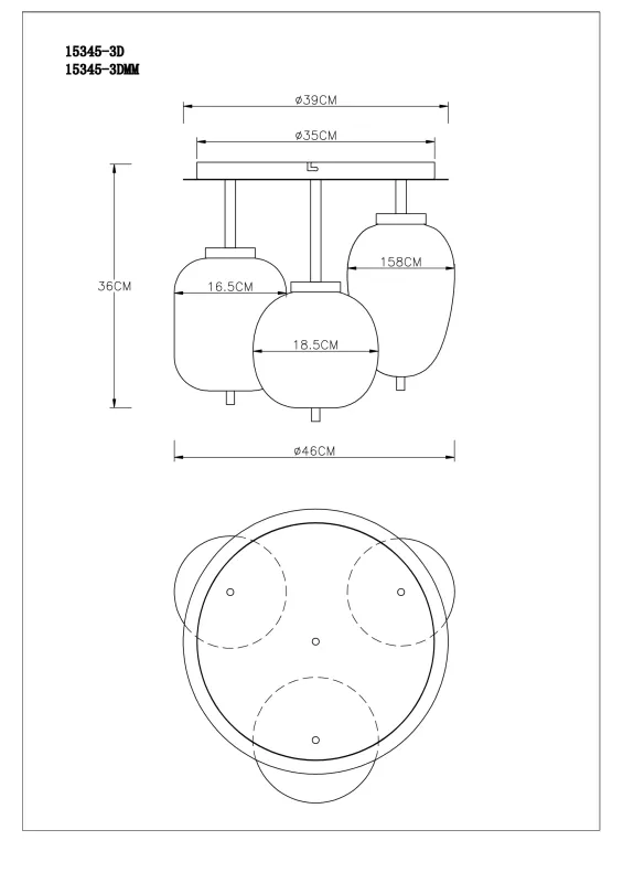 Blacky Ø46 Svart plafond från Globo Lighting - Lampan &auml;r utrustad med 3st r&ouml;kf&auml;rgade glaskupor i olika former, som h&auml;nger fr&aring;n taket p&aring; mattsvarta st&auml;nger f&auml;sta vid en matchande bas.