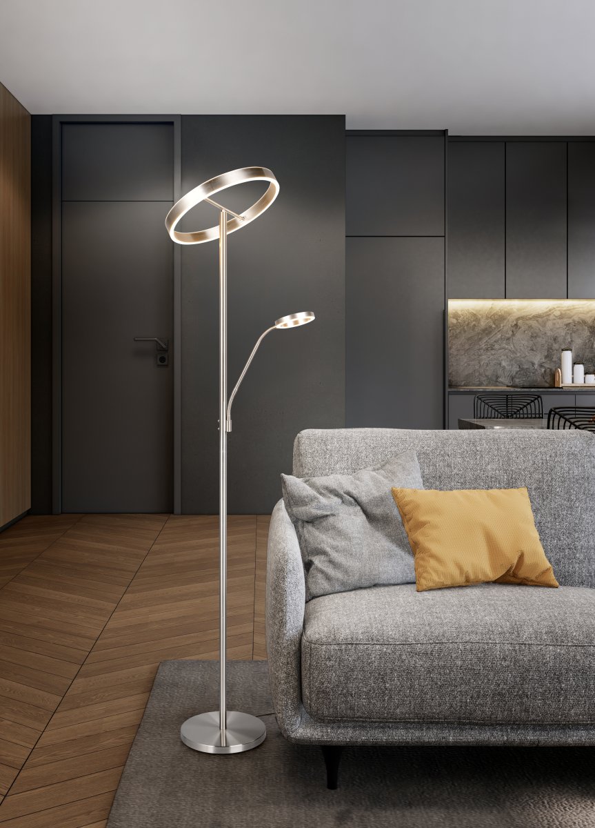 Willis Borstad stål golvlampa från Trio Lighting - B&aring;da ljusk&auml;llorna kan styras separat, och b&aring;de ljusf&auml;rg och ljusstyrka justeras individuellt f&ouml;r optimal komfort.