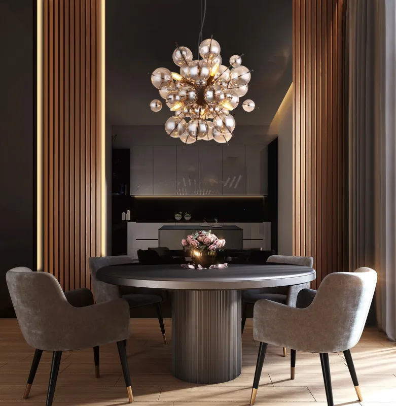 Udo Ø55 Rökfärgad taklampa från Globo Lighting - Dess unika design imponerar med en rund form d&auml;r eleganta metallst&auml;nger sammanl&auml;nkas med dekorativa kulor i olika storlekar.