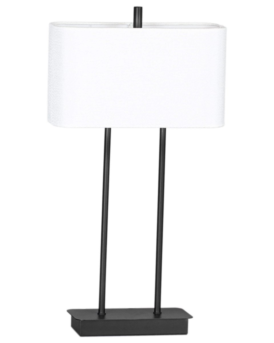 Luton 56cm Svart bordslampa från By Rydéns - Foten i svart metall med det l&aring;nga stativet gifter sig utm&auml;rkt med den rektangul&auml;ra linnesk&auml;rmen i vitt.