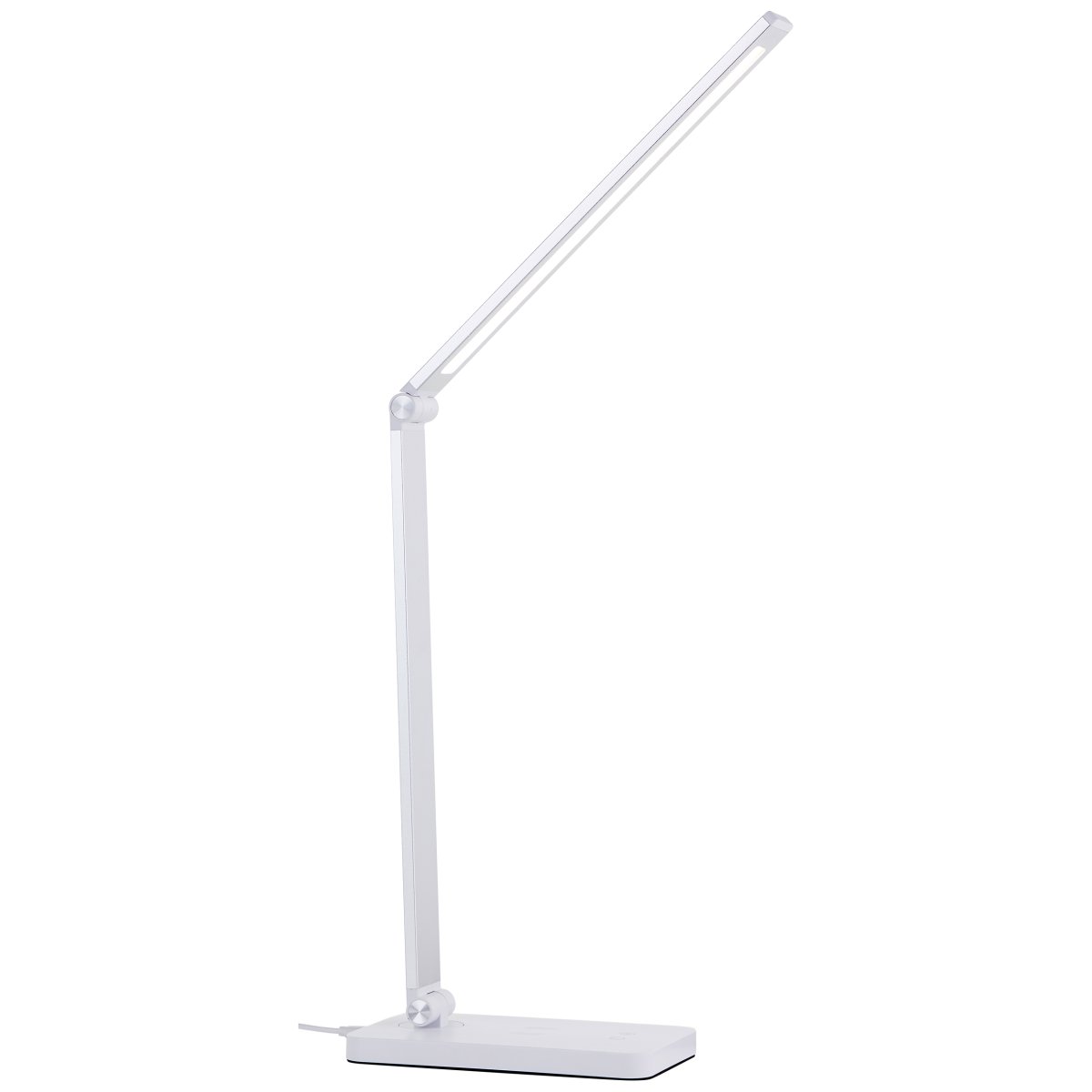 Florence 38cm Vit skrivbordslampa från Brilliant - Den har en tr&aring;dl&ouml;s laddningsfunktion och en inbyggd USB-port f&ouml;r enkel laddning av dina enheter.