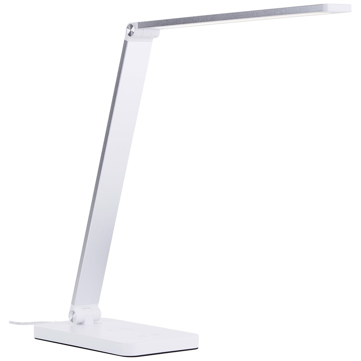 Florence 38cm Vit skrivbordslampa från Brilliant - Den har en tr&aring;dl&ouml;s laddningsfunktion och en inbyggd USB-port f&ouml;r enkel laddning av dina enheter.