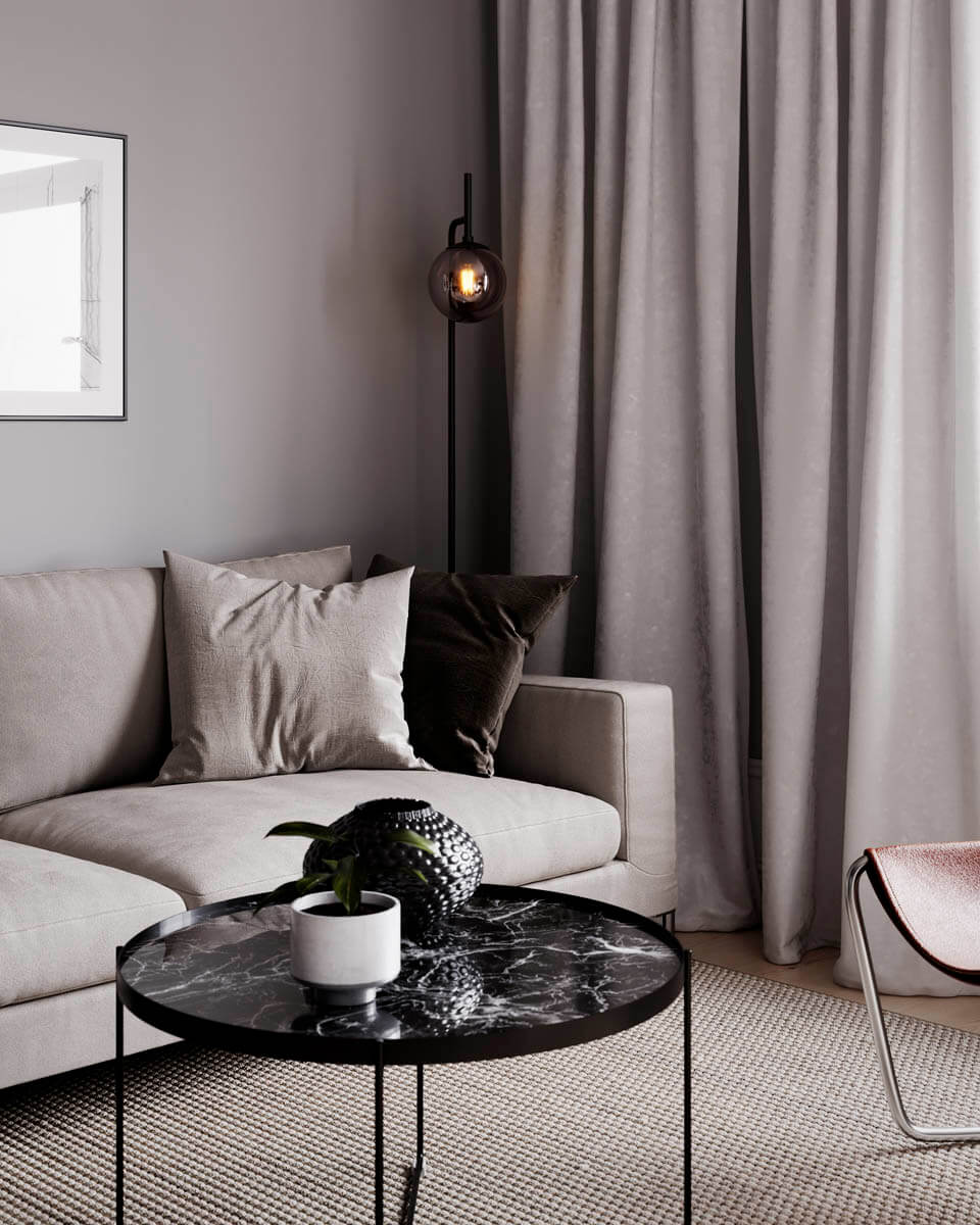 Boyle Svart golvlampa från By Rydéns - Tv&auml;rtom, det r&ouml;kf&auml;rgade glaset ger ytterligare en dimension och g&ouml;r att Boyle sticker ut ur m&auml;ngden och skapar ett dr&ouml;mlikt ljus som du kommer kunna njuta av i m&aring;nga &aring;r fram&ouml;ver.