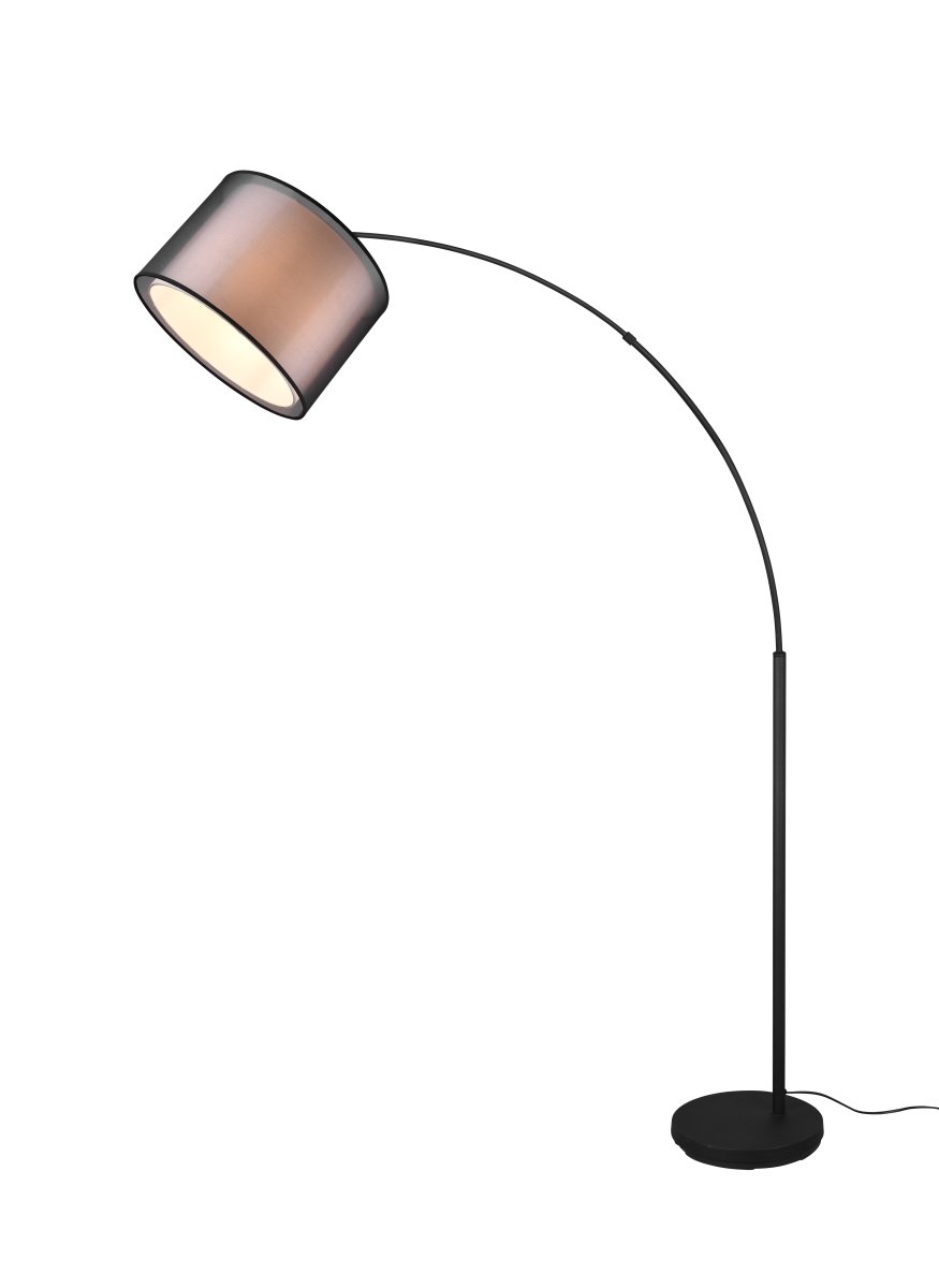 Burton Svart golvlampa från Trio Lighting - Den moderna kombinationen av en inre vit tygsk&auml;rm och en yttre transparent svart plastsk&auml;rm ser b&aring;de individuell och uppfriskande ut och kan integreras i moderna livsstilar p&aring; m&aring;nga s&auml;tt.