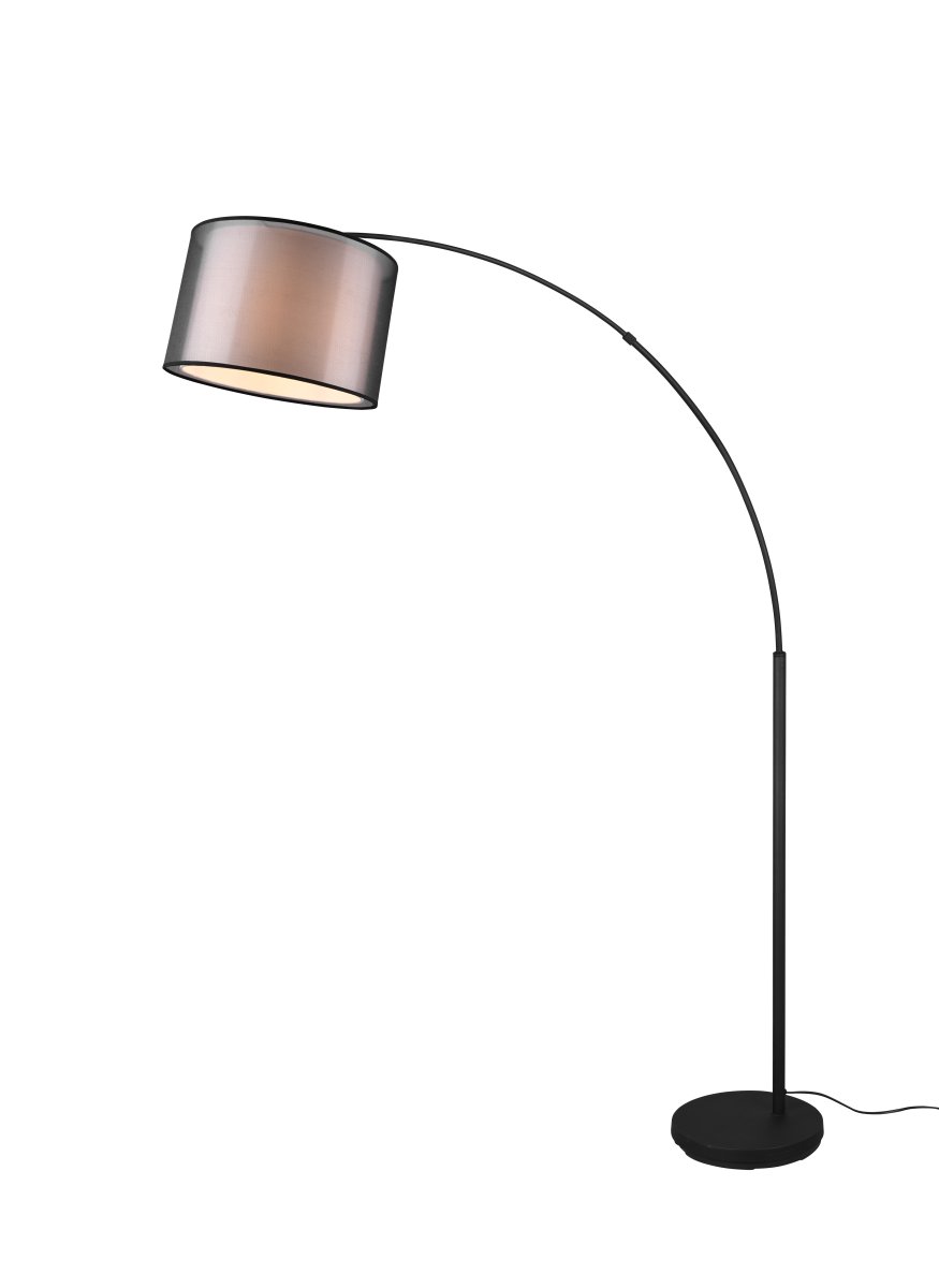 Burton Svart golvlampa från Trio Lighting - Den moderna kombinationen av en inre vit tygsk&auml;rm och en yttre transparent svart plastsk&auml;rm ser b&aring;de individuell och uppfriskande ut och kan integreras i moderna livsstilar p&aring; m&aring;nga s&auml;tt.