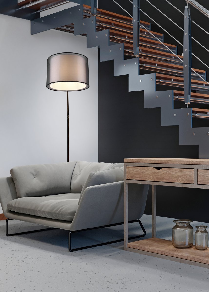 Burton Svart golvlampa från Trio Lighting - Den moderna kombinationen av en inre vit tygsk&auml;rm och en yttre transparent svart plastsk&auml;rm ser b&aring;de individuell och uppfriskande ut och kan integreras i moderna livsstilar p&aring; m&aring;nga s&auml;tt.