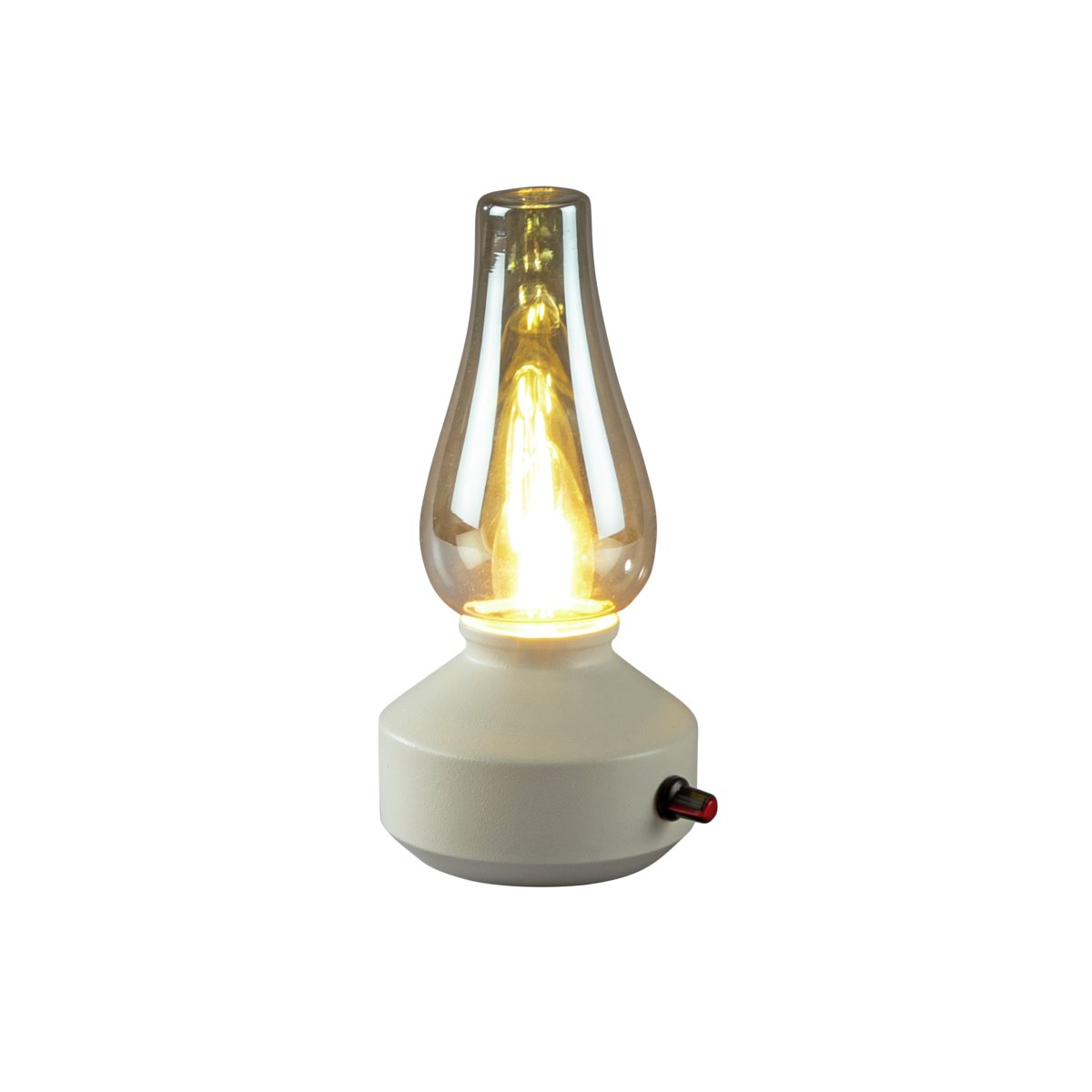 Laddbar bordslampa 25cm Vit portabel från Konstsmide - Lampan &auml;r tillverkad av metall och glas med en vit lampfot och en praktisk dimmer som g&ouml;r det enkelt att justera det varmvita, st&auml;mningsfulla skenet.