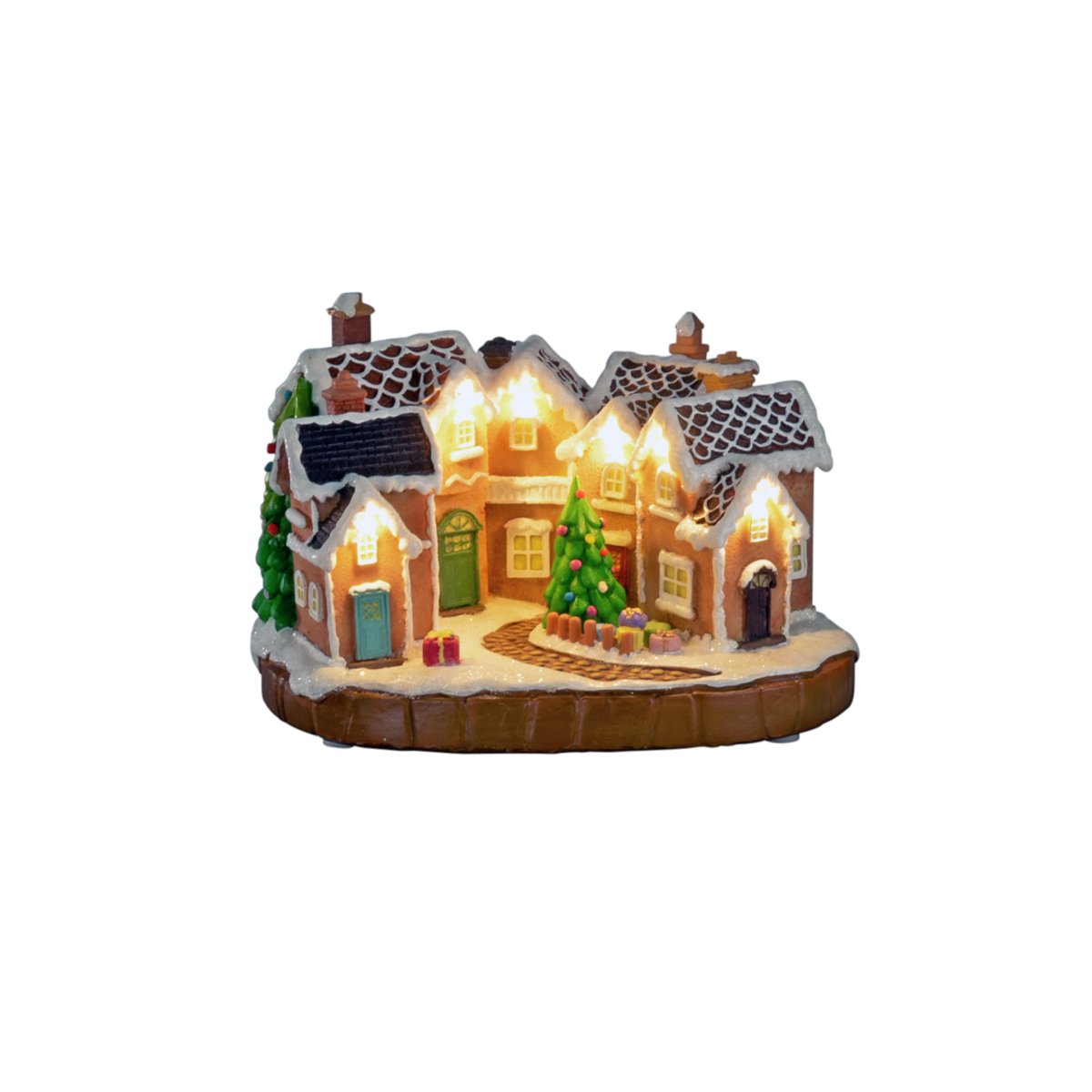 Pepparkaksby 17cm Brun från Konstsmide - De sn&ouml;t&auml;ckta taken, f&auml;rgglada d&ouml;rrarna och den dekorerade granen i mitten ger k&auml;nslan av en sagolik julmilj&ouml;.