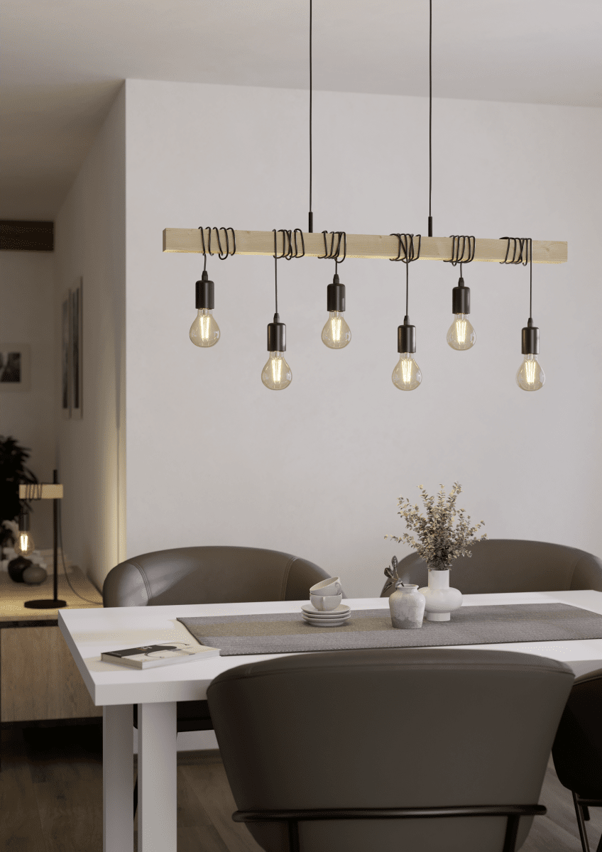 Townshend 100cm Trä taklampa från Eglo - Townshend &auml;r en rustik pendel som kombinerar metall och tr&auml; i en modern design.