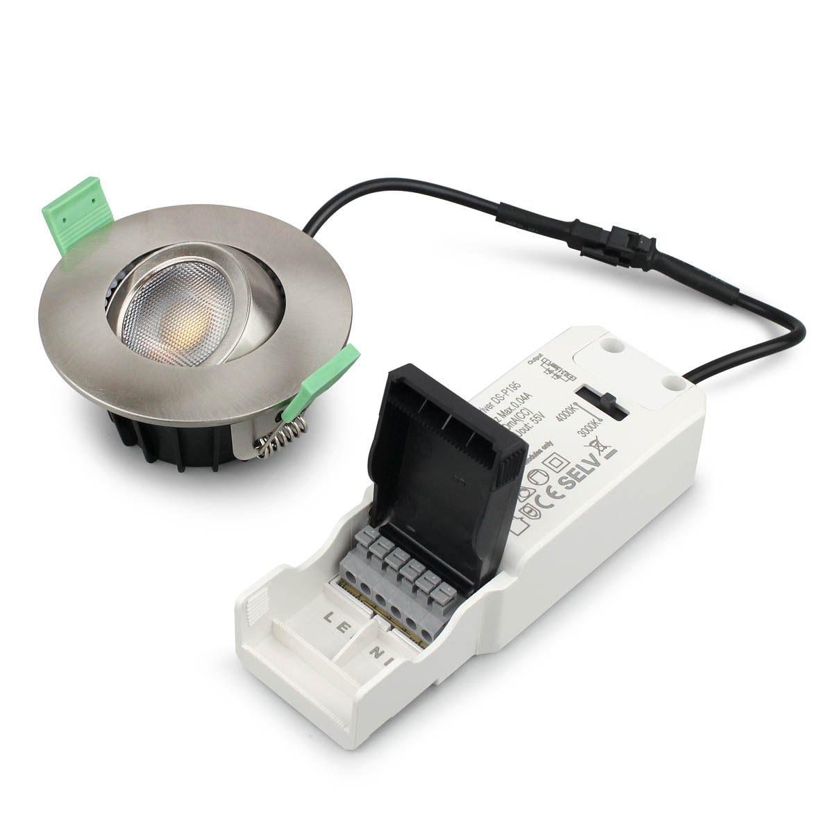 Sanna 230V 3000-4000K Borstad stål från Llitt - Denna spotlight har en ljusstyrka p&aring; drygt 520 lumen och en st&auml;llbar f&auml;rgtemperatur p&aring; 3000K/4000K.