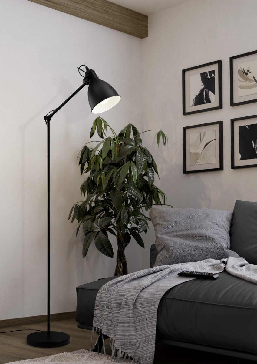 Priddy Svart golvlampa från Eglo - Den vita insidan av sk&auml;rmen ger ett mjukt och behagligt ljus, samtidigt som lampan blir en snygg detalj i rummet.