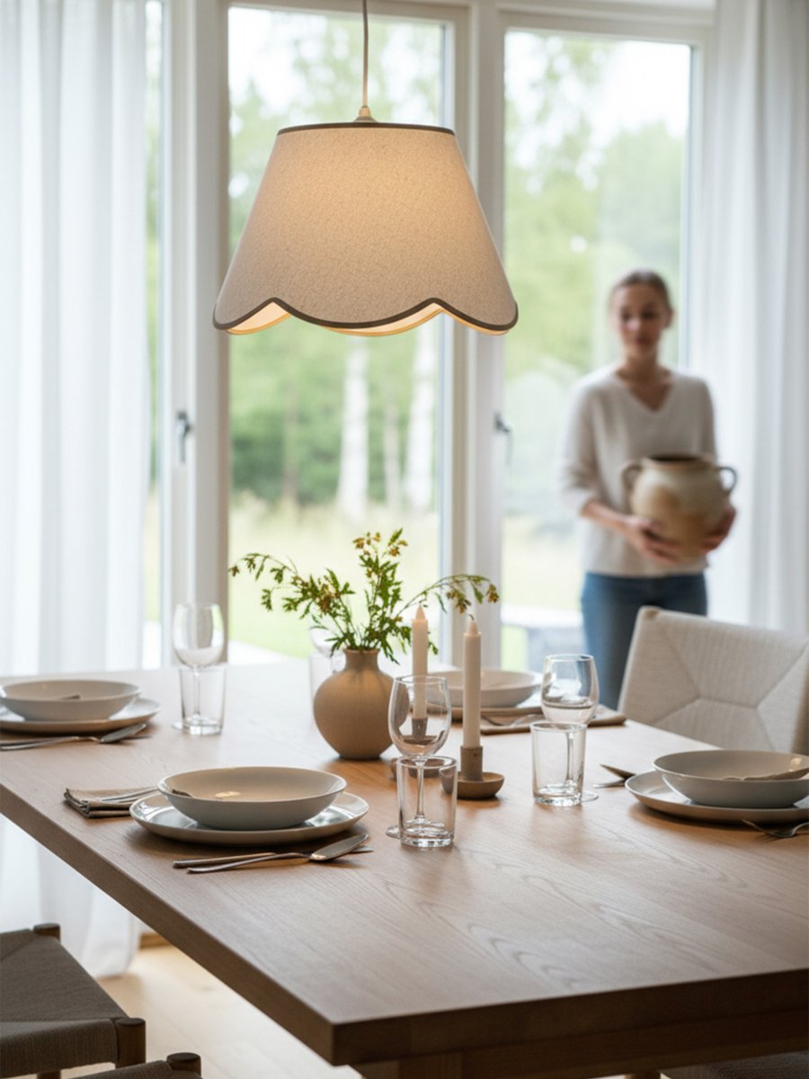 Nell Ø35 Beige taklampa från PR Home - Den mjuka strukturen och den dekorativa, v&aring;gformade nederkanten ger ett elegant och harmoniskt uttryck som passar i b&aring;de moderna och mer traditionella hem.