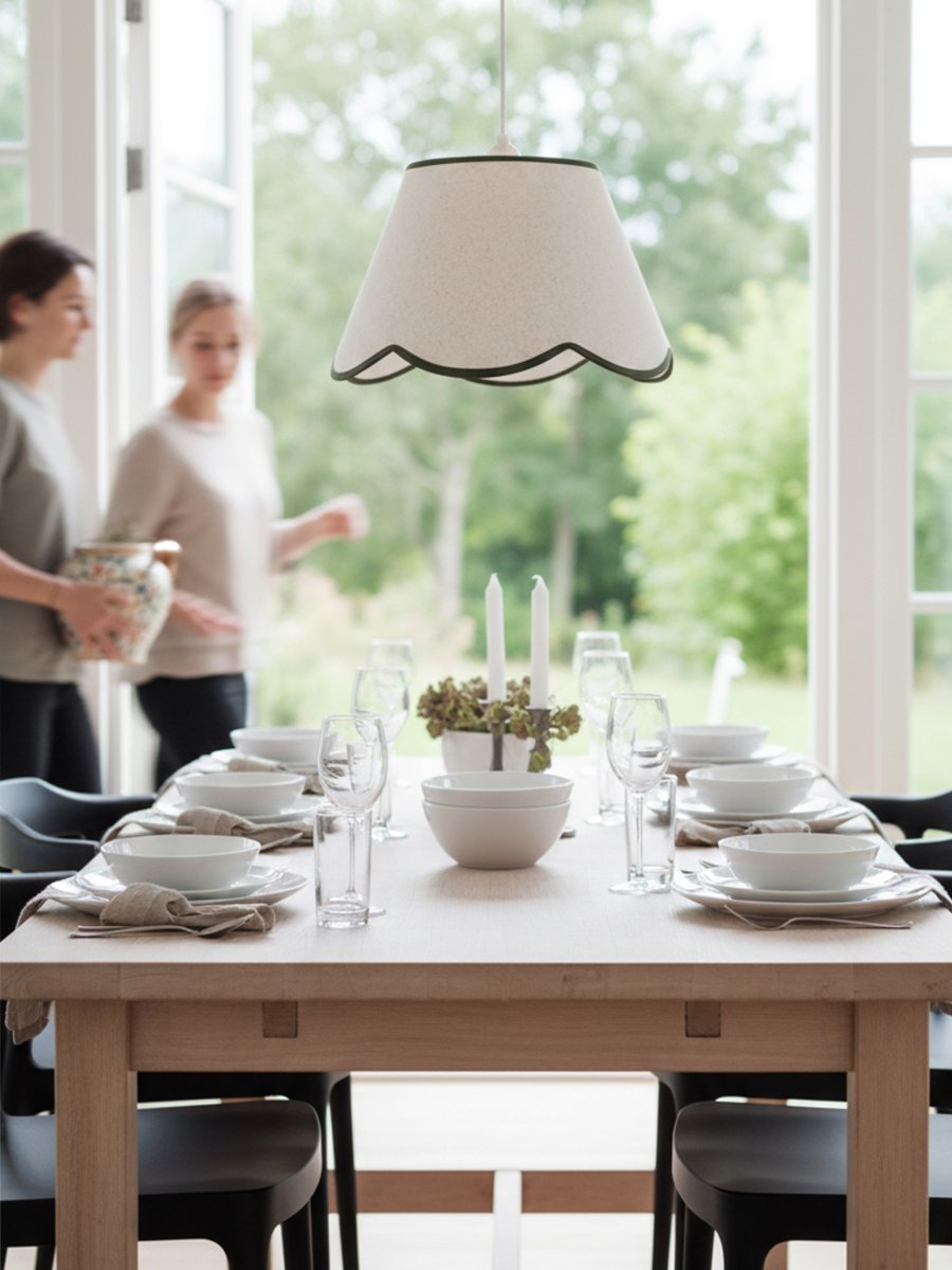 Nell Ø35 Beige/grön taklampa från PR Home - Den mjuka strukturen och den dekorativa, v&aring;gformade nederkanten i m&ouml;rkgr&ouml;n f&auml;rg ger ett elegant och harmoniskt uttryck som passar i b&aring;de moderna och mer traditionella hem.