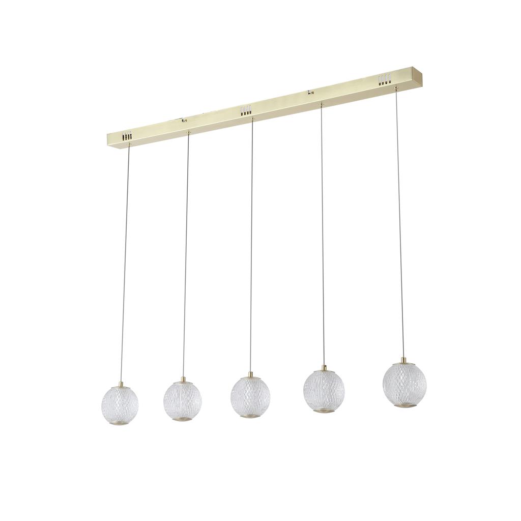 Allure 100cm Mässing taklampa från Searchlight - Med fem glober i texturerad akryl och satin m&auml;ssingfinish blir den ett riktigt blickf&aring;ng &ndash; &auml;ven n&auml;r den &auml;r sl&auml;ckt.