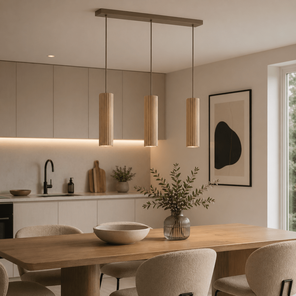 Lakewood 50cm Trä taklampa från Brilliant - Lakewood takpendel kombinerar brun metall med tre cylinderformade sk&auml;rmar i ljust, ribbat tr&auml; f&ouml;r ett varmt och stilrent uttryck.