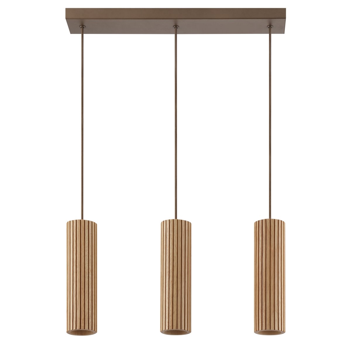 Lakewood 50cm Trä taklampa från Brilliant - Lakewood takpendel kombinerar brun metall med tre cylinderformade sk&auml;rmar i ljust, ribbat tr&auml; f&ouml;r ett varmt och stilrent uttryck.
