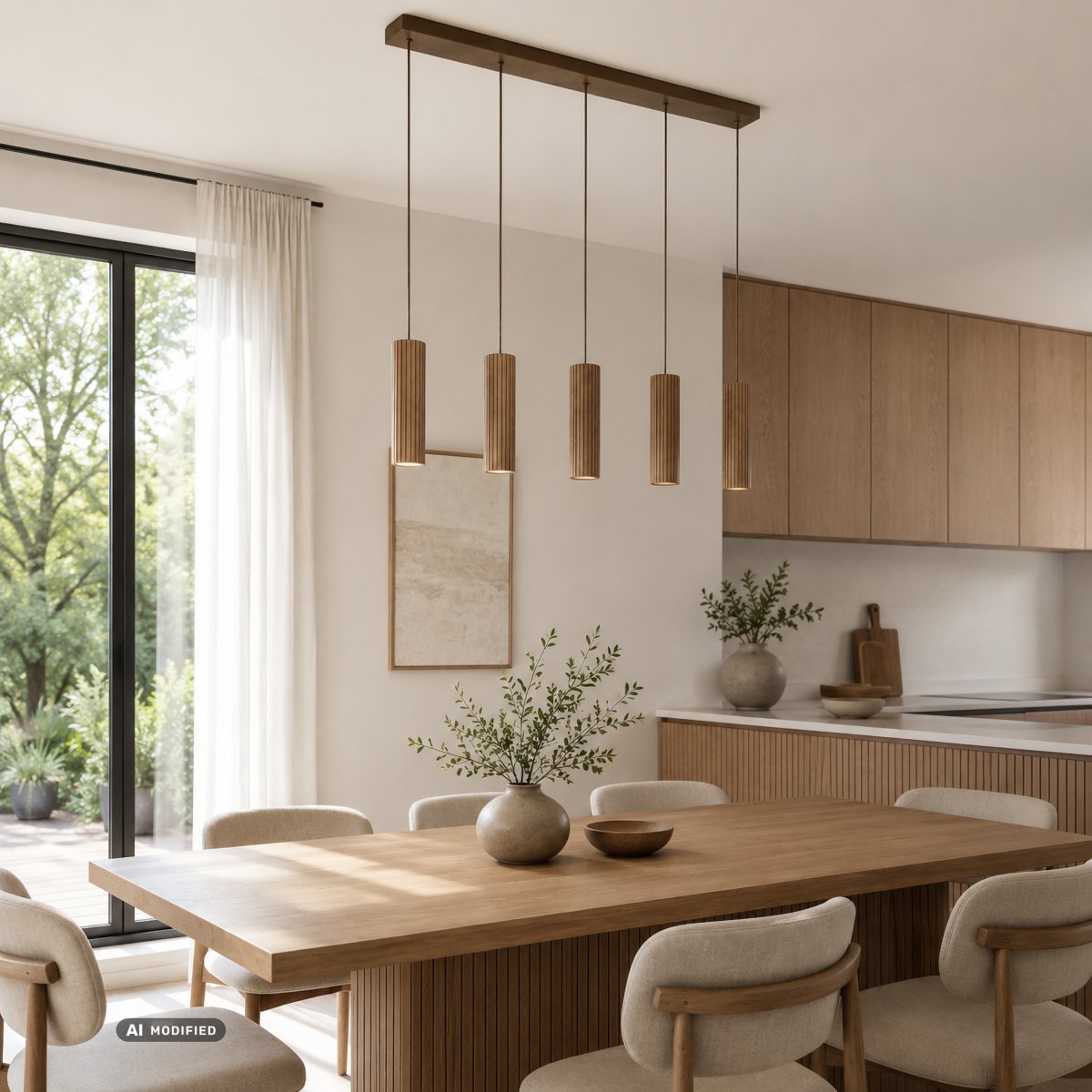 Lakewood 95cm Trä taklampa från Brilliant - Lakewood takpendel kombinerar brun metall med fem cylinderformade sk&auml;rmar i ljust, ribbat tr&auml; f&ouml;r ett varmt och stilrent uttryck.