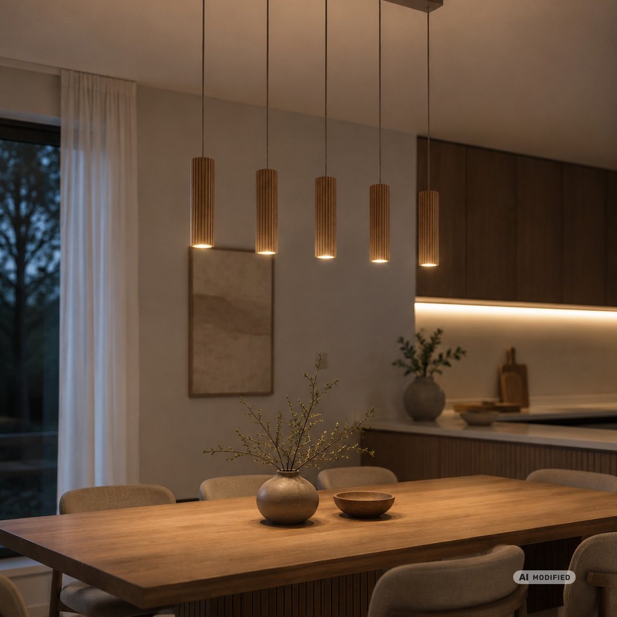 Lakewood 95cm Trä taklampa från Brilliant - Lakewood takpendel kombinerar brun metall med fem cylinderformade sk&auml;rmar i ljust, ribbat tr&auml; f&ouml;r ett varmt och stilrent uttryck.