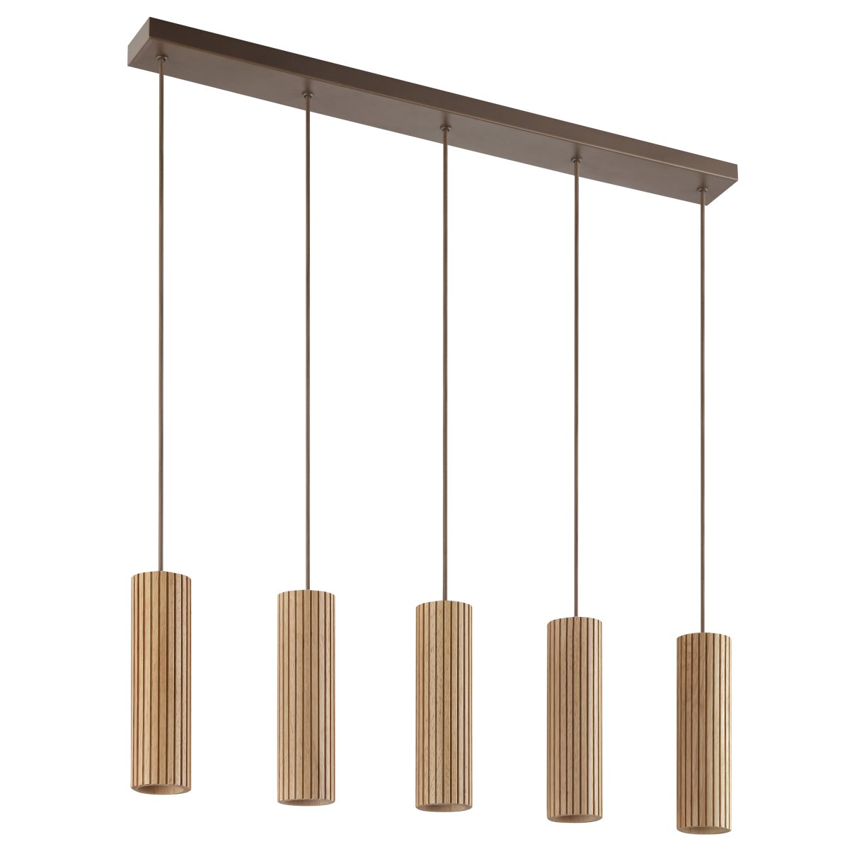 Lakewood 95cm Trä taklampa från Brilliant - Lakewood takpendel kombinerar brun metall med fem cylinderformade sk&auml;rmar i ljust, ribbat tr&auml; f&ouml;r ett varmt och stilrent uttryck.