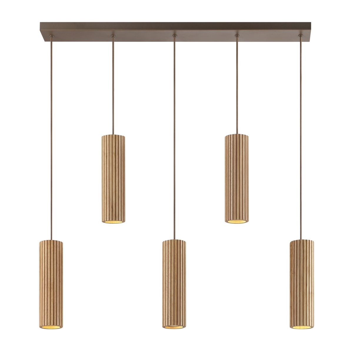 Lakewood 95cm Trä taklampa från Brilliant - Lakewood takpendel kombinerar brun metall med fem cylinderformade sk&auml;rmar i ljust, ribbat tr&auml; f&ouml;r ett varmt och stilrent uttryck.