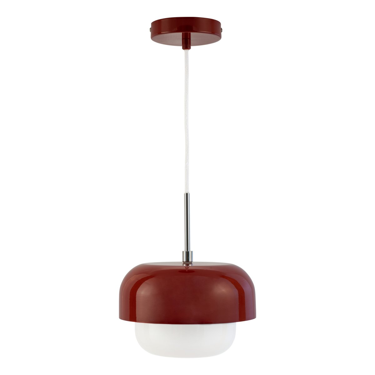 Haipot Ø23 Mörkröd taklampa från Dyberg Larsen - Haipot-lampan har en elegant lampsk&auml;rm i opalglas och en d&auml;mpad r&ouml;d metallsk&auml;rm.