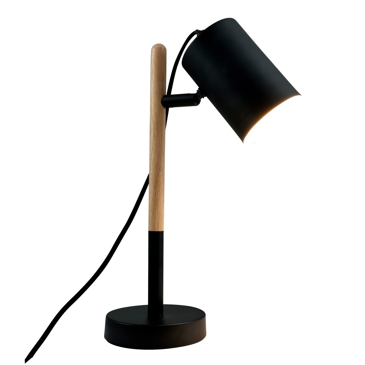 Woody 35cm Svart skrivbordslampa från Dyberg Larsen - Lampan har en svart metallsk&auml;rm och bas som ger ett stilrent uttryck, medan benet &auml;r gjort av tr&auml; f&ouml;r en varm och inbjudande k&auml;nsla.