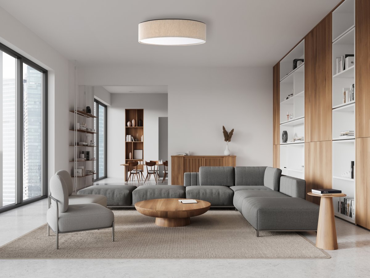 Conny Ø50 Beige plafond från Globo Lighting - Sk&auml;rmen i beige och den vita bottenplattan skapar ett fint och bl&auml;ndfritt ljus i rummet.