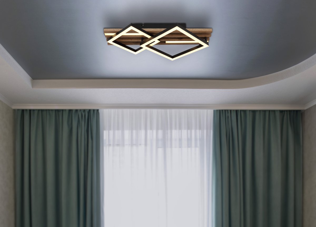 Obrien 47cm Trä plafond från Globo Lighting - Takf&auml;stet som efterliknar akustikpanel i kombination med de mattsvarta detaljerna i metall bidrar med industriell k&auml;nsla till rummet.