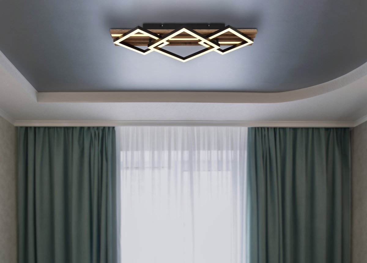 Obrien 60cm Trä plafond från Globo Lighting - Takf&auml;stet som efterliknar akustikpanel i kombination med de mattsvarta detaljerna i metall bidrar med industriell k&auml;nsla till rummet.