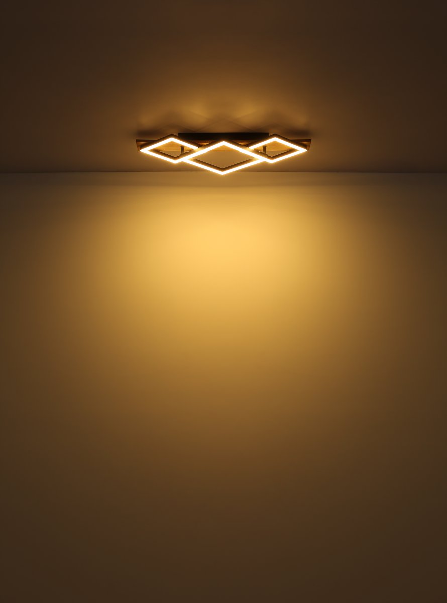 Obrien 60cm Trä plafond från Globo Lighting - Takf&auml;stet som efterliknar akustikpanel i kombination med de mattsvarta detaljerna i metall bidrar med industriell k&auml;nsla till rummet.