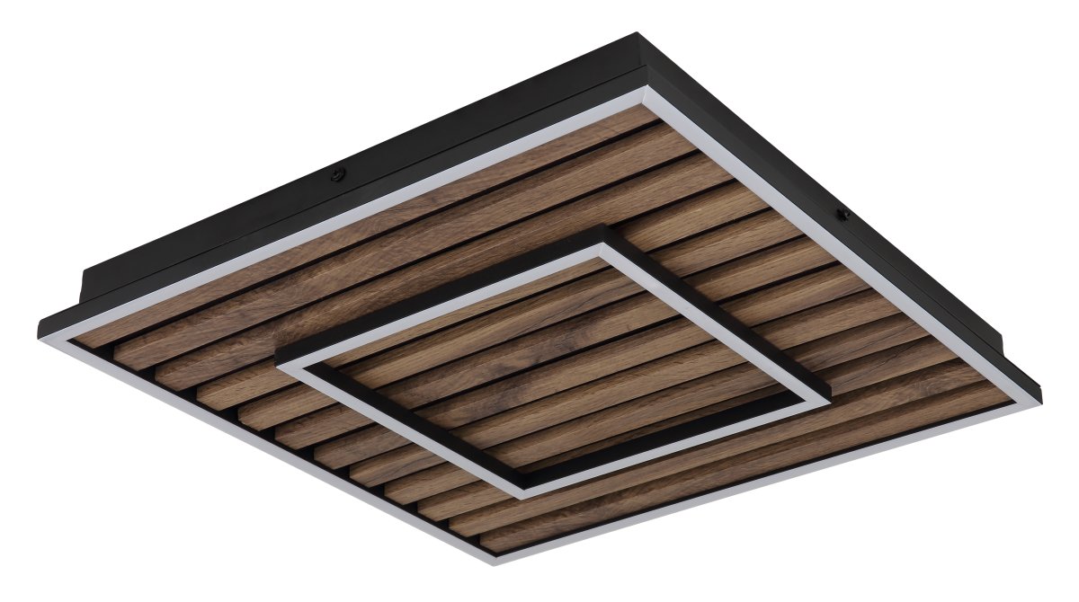 Woody 45cm Trä plafond från Globo Lighting - Takf&auml;stet som efterliknar akustikpanel i kombination med de mattsvarta detaljerna i metall bidrar med industriell k&auml;nsla till rummet.
