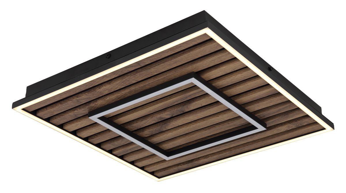 Woody 30cm Trä plafond från Globo Lighting - Takf&auml;stet som efterliknar akustikpanel i kombination med de mattsvarta detaljerna i metall bidrar med industriell k&auml;nsla till rummet.