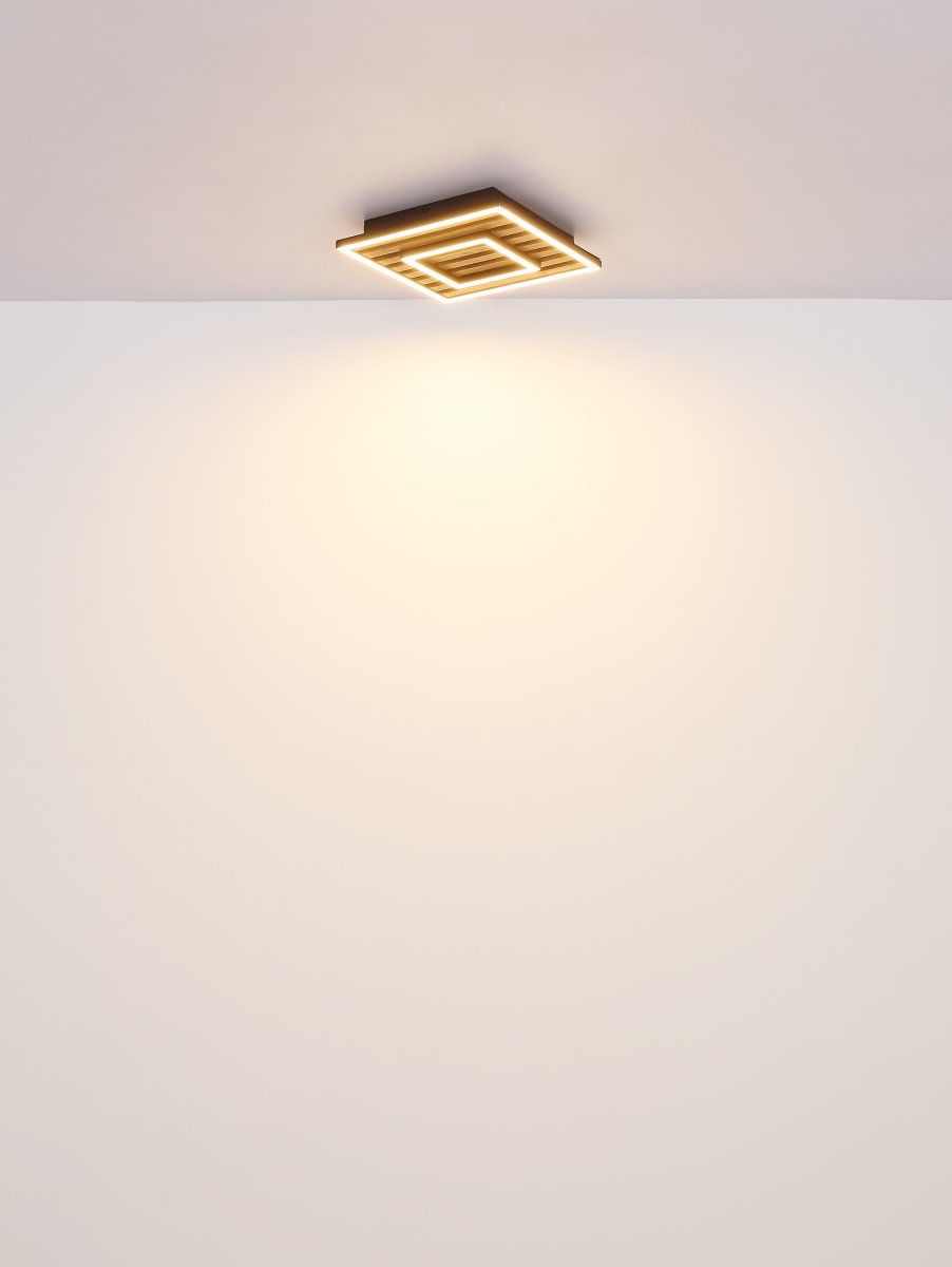 Woody 30cm Trä plafond från Globo Lighting - Takf&auml;stet som efterliknar akustikpanel i kombination med de mattsvarta detaljerna i metall bidrar med industriell k&auml;nsla till rummet.