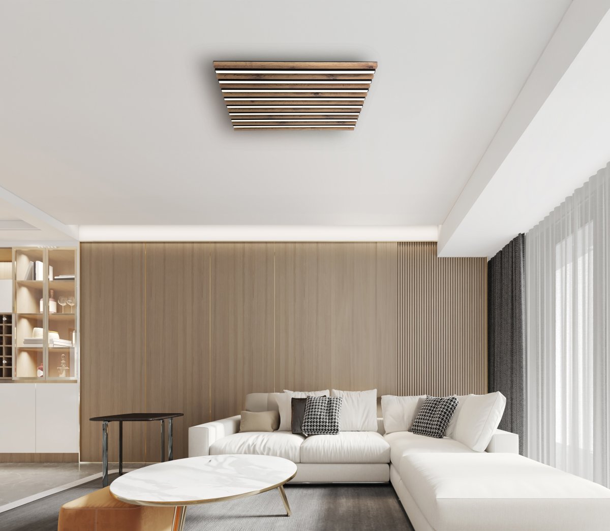 Hayden 60cm Trä plafond från Globo Lighting - Den kvadratiska plafonden Hayden &ouml;vertalar med sin moderna akustikpanel-look och bidrar med en h&auml;rlig ljusspridning i rummet.