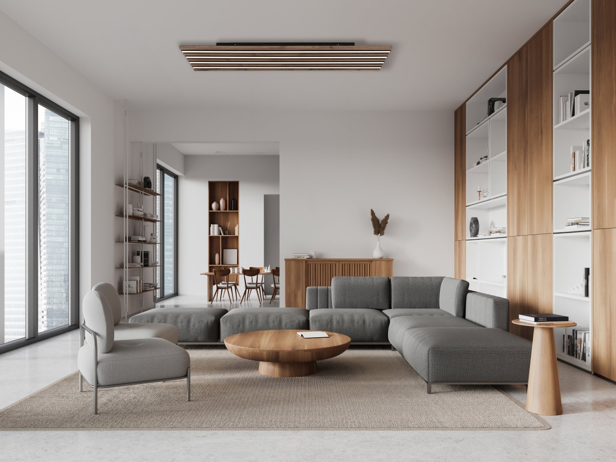 Hayden 120cm Trä plafond från Globo Lighting - Den rektangul&auml;ra plafonden Hayden &ouml;vertalar med sin moderna akustikpanel-look och bidrar med en h&auml;rlig ljusspridning i rummet.